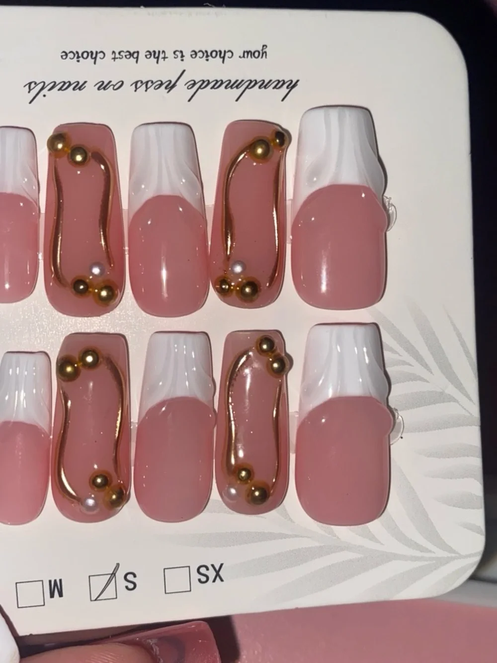 Press-On Nails Set - Pink & White Elegant French with Gold Accents